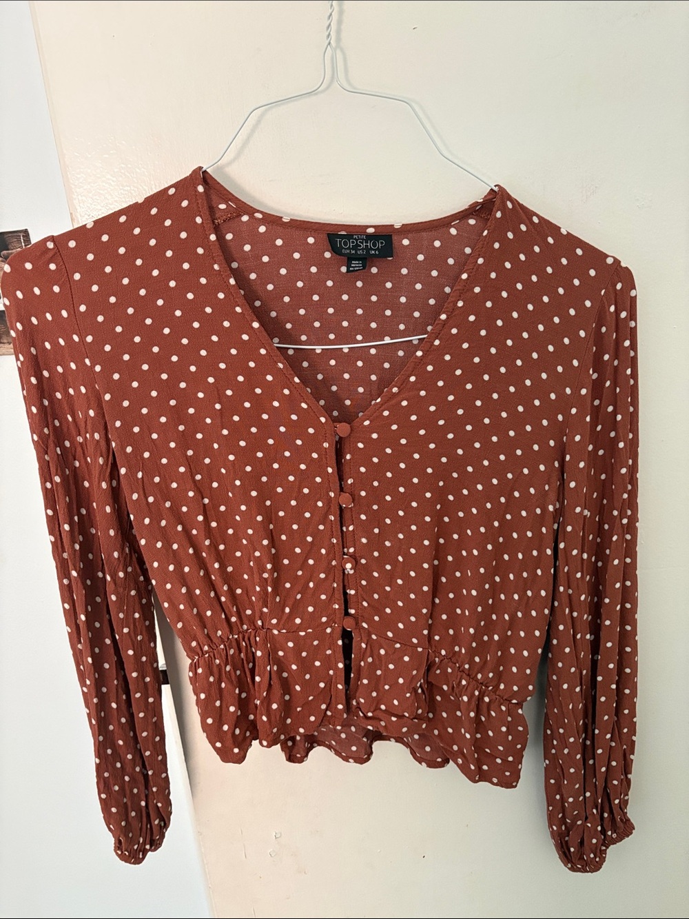 Topshop Rust Polka Dot V-Neck Buttoned Waist Blouse